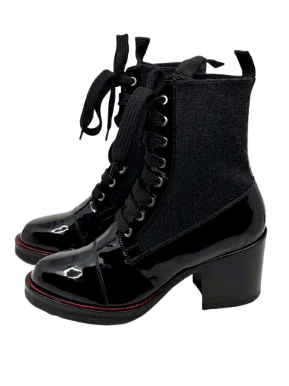 MALO ITALY~Black Patent Leather & Knit Lace-Up Platform Combat Boots LIKE NEW